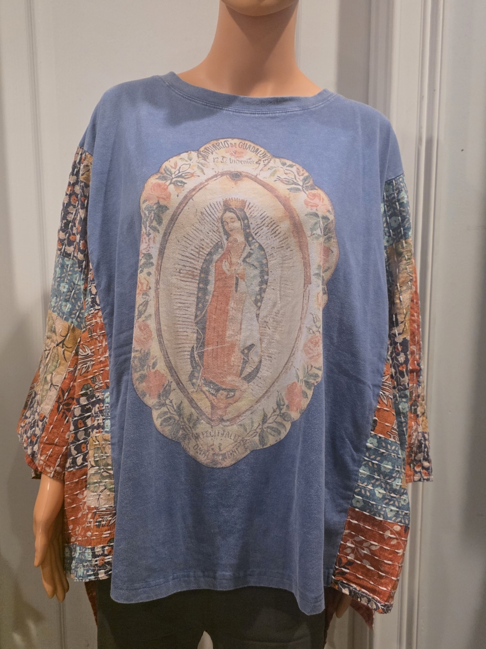 Blue Graphic Guadalupe Boho Sleeve Women’s Top. Size S/M.